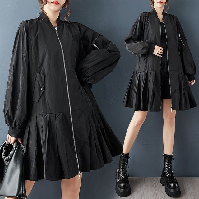 Lewwe-Puff-Sleeve Plain Zip-Up Jacket