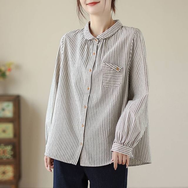 Lewwe-Puff-Sleeve Striped Button-Up Blouse