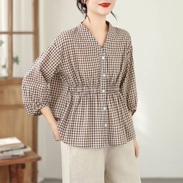 Lewwe-Puff-Sleeve V-Neck Gingham Button-Up Blouse