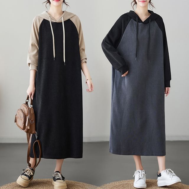 Lewwe-Raglan Drawstring Midi Hoodie Dress