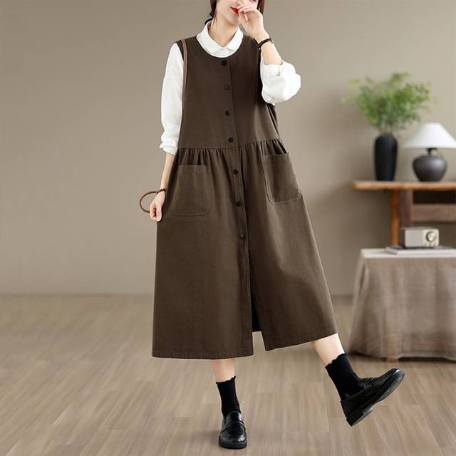 Lewwe-Round Neck Plain Gathered Pocket Button Midi A-Line Overall Dress
