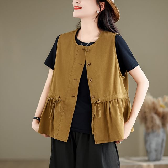 Lewwe-Round Neck Plain Tie Waist Single Breasted Vest