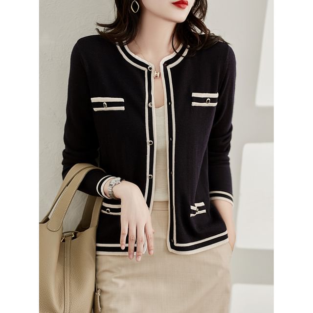 Lewwe-Round Neck Striped Cardigan