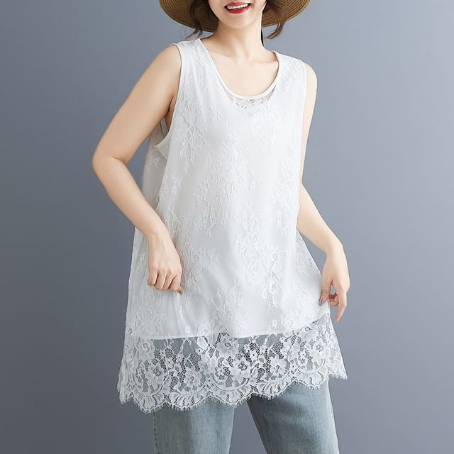 Lewwe-Scoop Neck Plain Lace Panel Tank Top