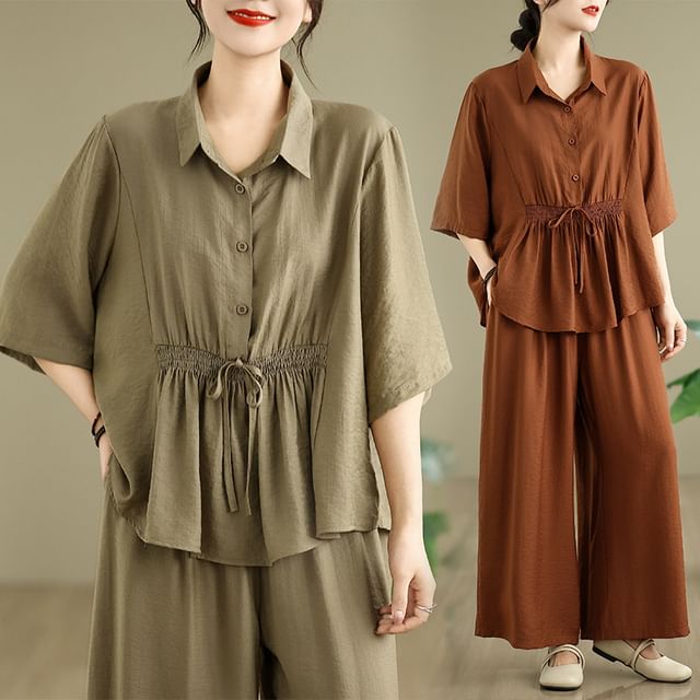 Lewwe-Set 34-Sleeve Collared Half-Buttoned Plain Ruched Blouse Elastic Waist Cropped Wide Leg Pants