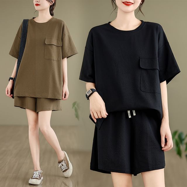 Lewwe-Set Short-Sleeve Crewneck Plain Tee Shorts