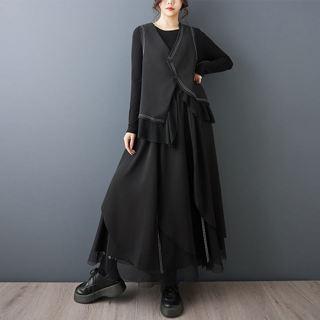 Lewwe-Set V-Neck Plain Contrast Stitching Ruffle Asymmetrical Single-Breasted Vest Long-Sleeve Round Neck Maxi Smock Dress