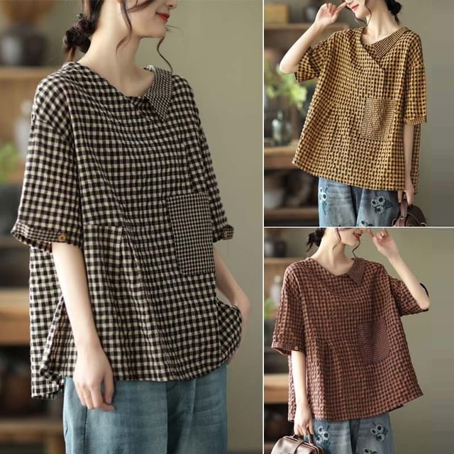 Lewwe-Short Sleeve Asymmetrical Gingham Blouse