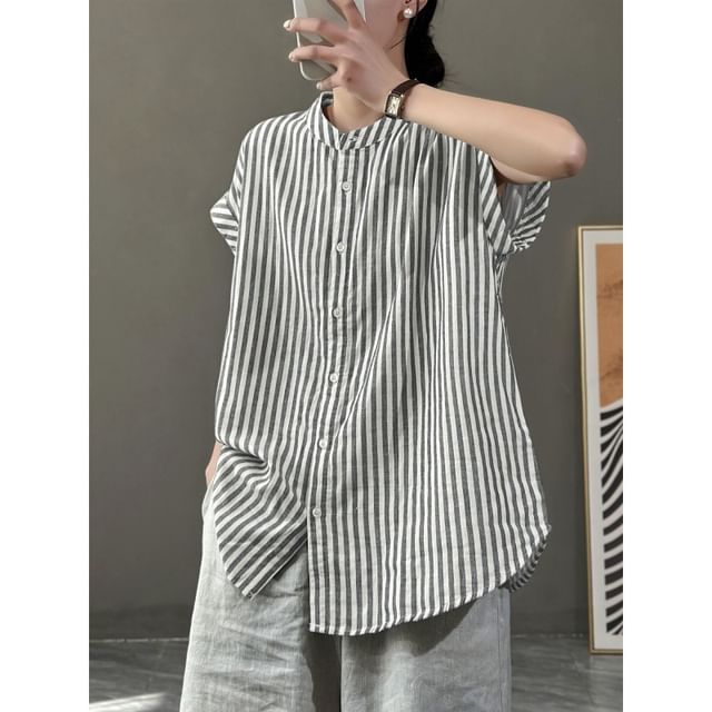 Lewwe-Short-Sleeve Band Collar Button Up Shirt