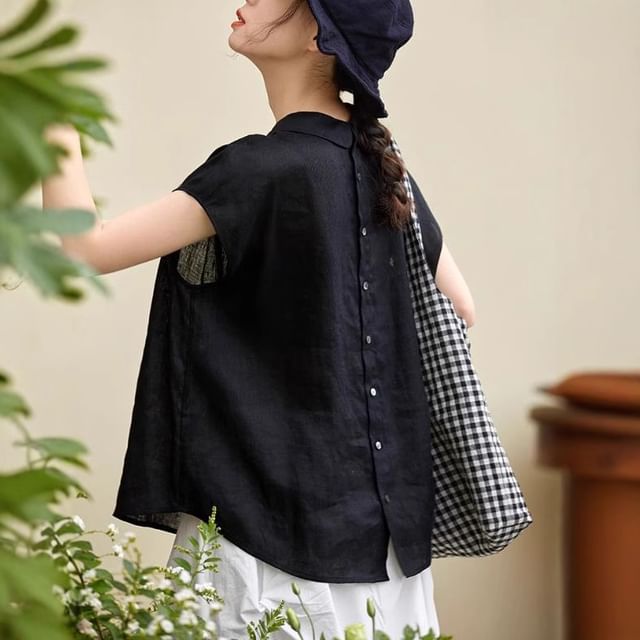 Lewwe-Short-Sleeve Button-Back Plain Shirt
