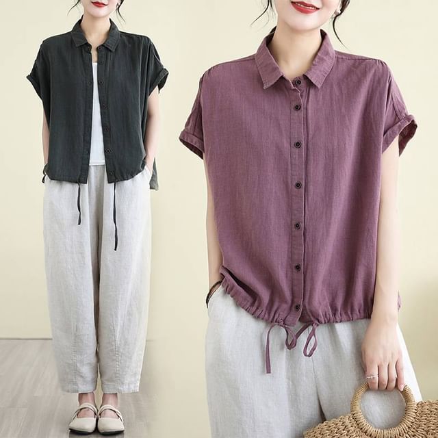 Lewwe-Short-Sleeve Collared Plain Drawstring Button Up Shirt