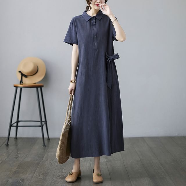 Lewwe-Short Sleeve Collared Plain Midi A-Line Dress