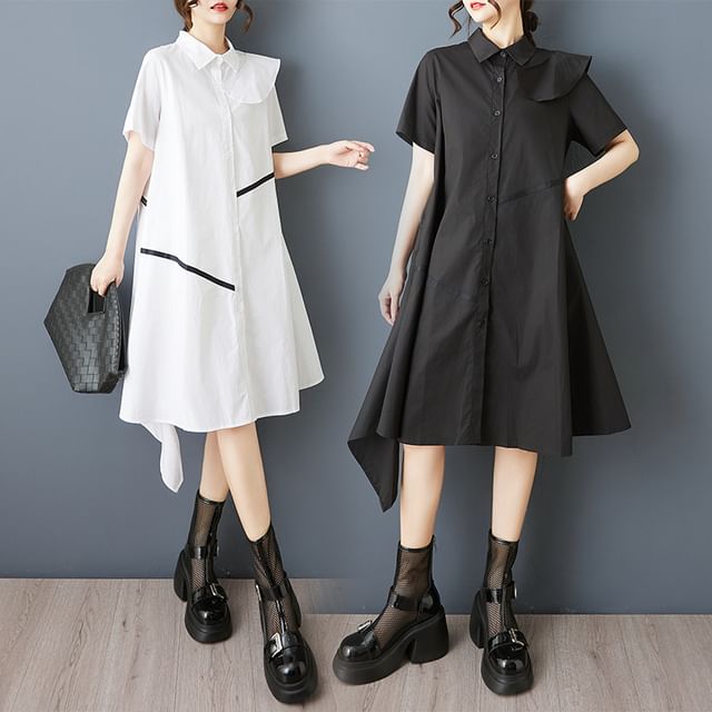 Lewwe - Short-Sleeve Collared Ruffle Trim Button Up A-Line Shirt Dress ...