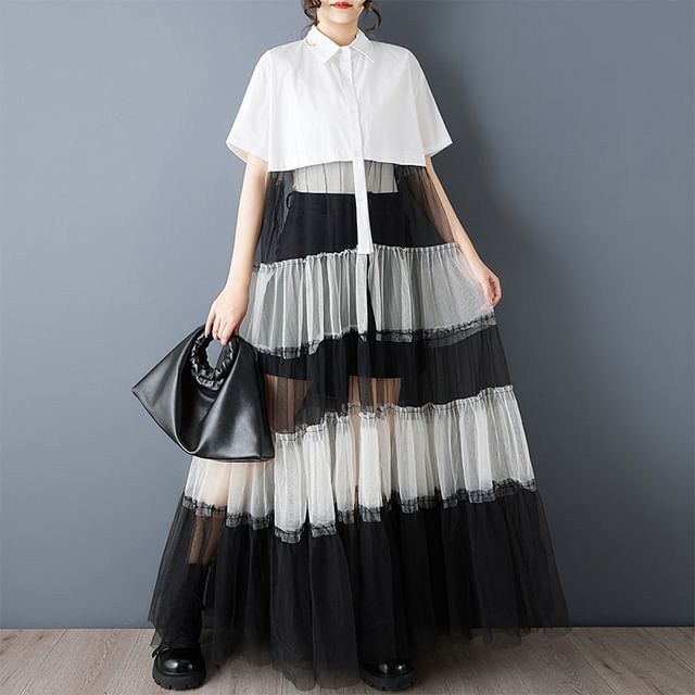 Lewwe-Short Sleeve Collared Two Tone Tiered Panel Mesh Maxi A-Line Shirt Dress