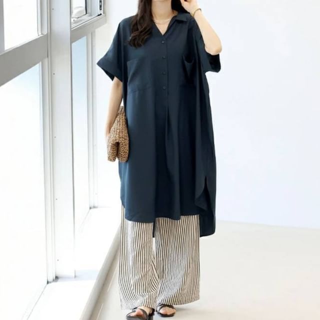 Lewwe-Short-Sleeve Collared V-Neck Plain Long Blouse