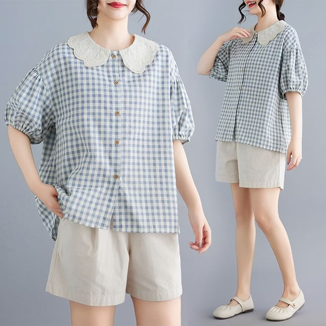 Lewwe-Short-Sleeve Contrast Collar Gingham Blouse