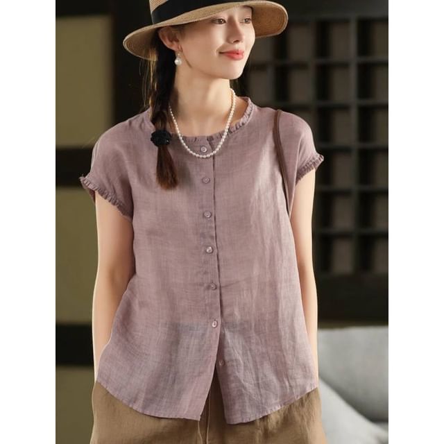 Lewwe-Short-Sleeve Crew Neck Plain Frill Trim Blouse