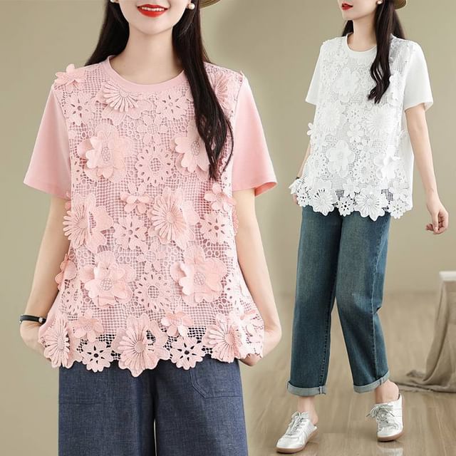 Lewwe-Short-Sleeve Crew Neck Plain Lace Panel Tee
