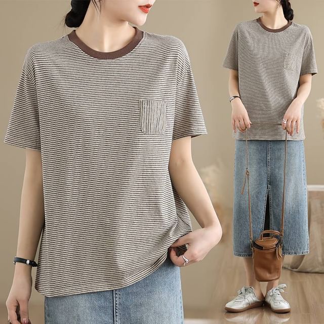 Lewwe-Short-Sleeve Crew Neck Striped T-Shirt