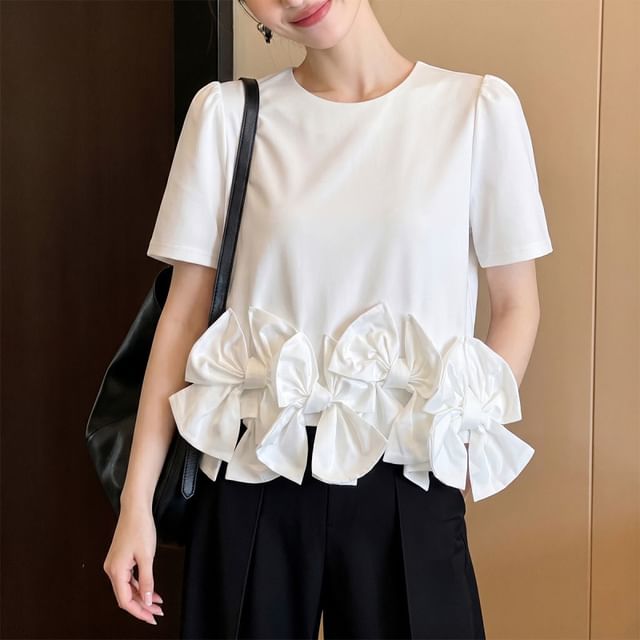 Lewwe-Short-Sleeve Crewneck Bow Accent Plain Blouse