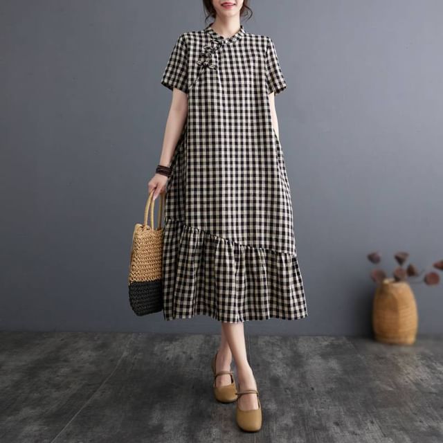 Lewwe-Short-Sleeve Mandarin Collar Gingham Frog Button Midi A-Line Dress