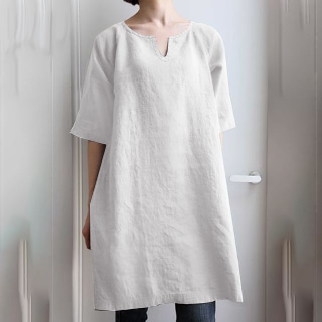 Lewwe-Short-Sleeve Notch Neck Plain Tunic Blouse