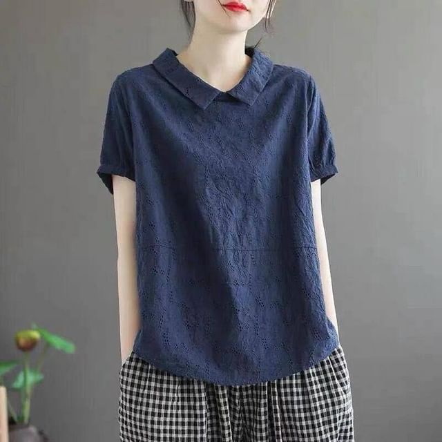 Lewwe-Short-Sleeve Plain Collared Eyelet Lace Blouse