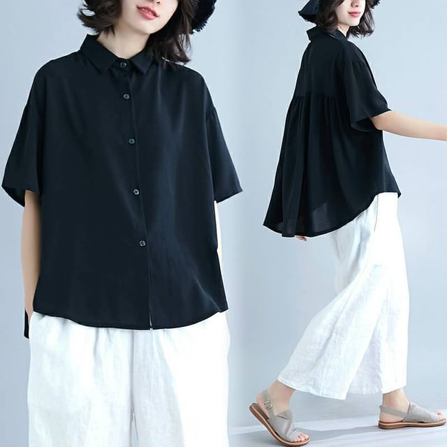 Lewwe-Short-Sleeve Plain High Low Shirt