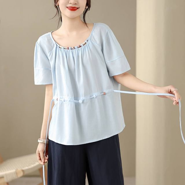 Lewwe-Short-Sleeve Scoop Neck Beaded Blouse
