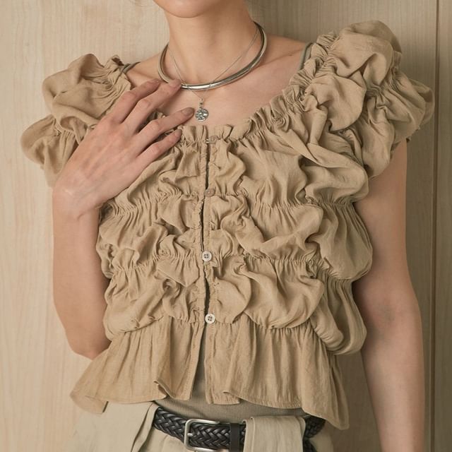 Lewwe-Short-Sleeve Scoop Neck Plain Ruched Blouse