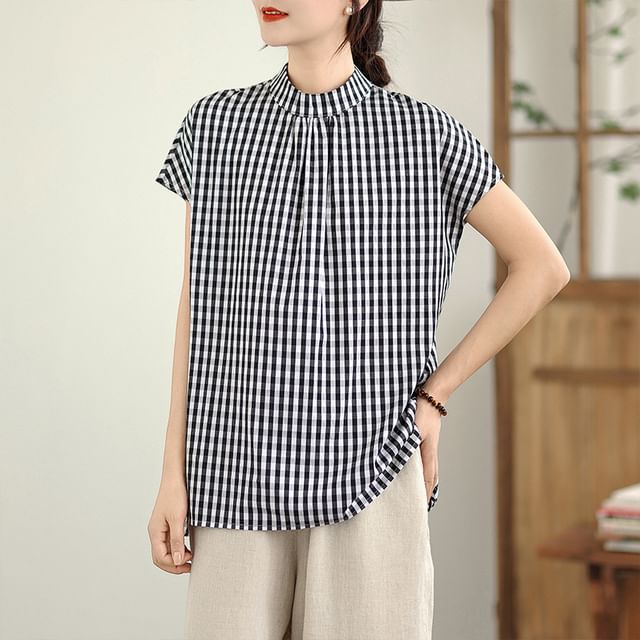 Lewwe-Short-Sleeve Stand Collar Gingham Button-Up Blouse