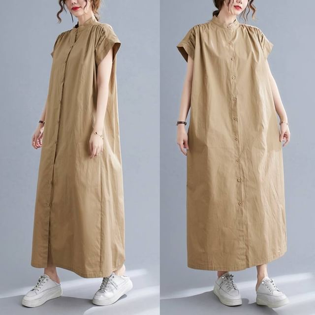 Lewwe-Short-Sleeve Stand Collar Plain Maxi Dress
