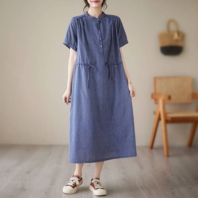 Lewwe-Short-Sleeve Stand Collar Striped Drawstring Waist Half-Buttoned Midi Tunic Dress