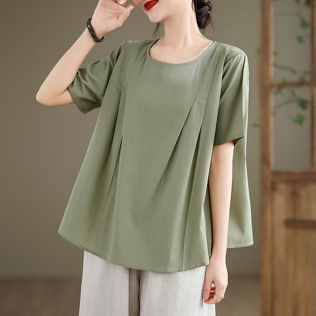 Lewwe-Short-Sleeve U-Neck Plain Top