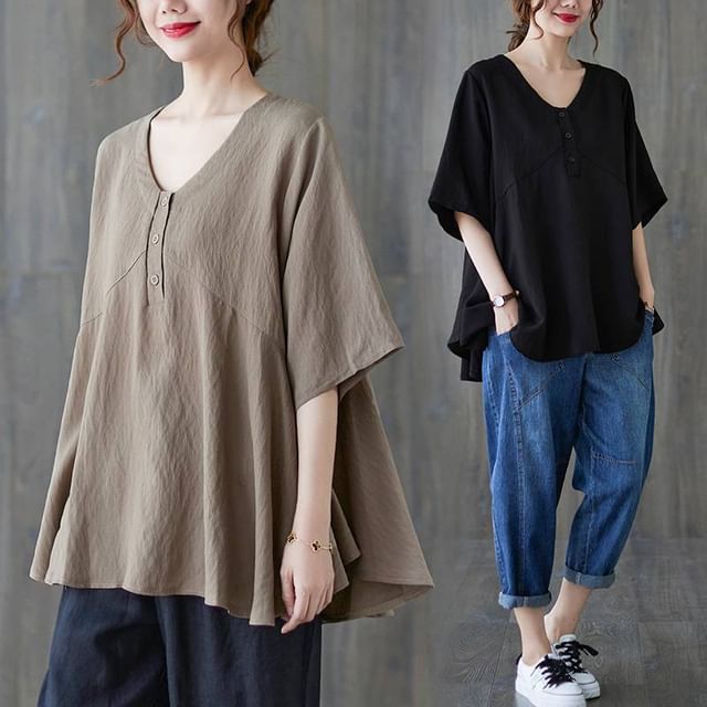 Lewwe-Short-Sleeve V-Neck Plain Blouse