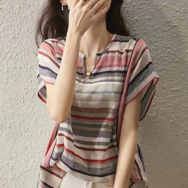 Lewwe-Short-Sleeve V-Neck Striped Blouse