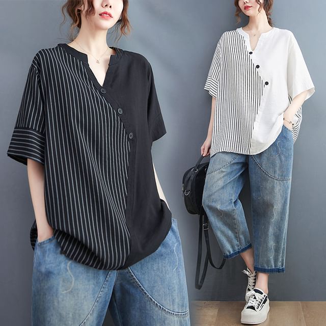 Lewwe-Short-Sleeve V-Neck Striped Panel Blouse