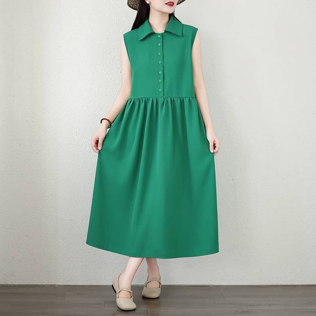 Lewwe-Sleeveless Collar Midi Smock Dress