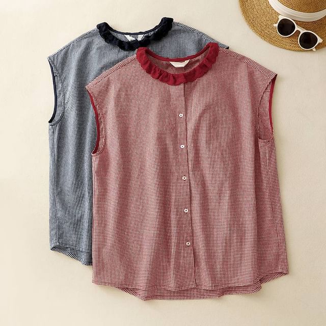 Lewwe-Sleeveless Contrast Frill Collar Gingham Button-Up Blouse