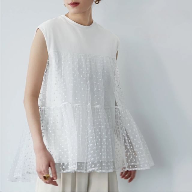 Lewwe-Sleeveless Crew Neck Dotted Mesh Panel Top