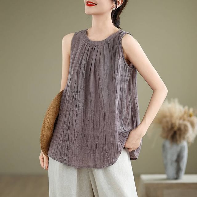 Lewwe-Sleeveless Crew Neck Plain Ruched Blouse