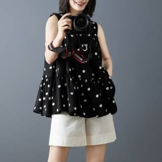 Lewwe-Sleeveless Crew Neck Polka Dot Blouse