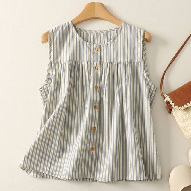 Lewwe-Sleeveless Crew Neck Striped Button-Up Blouse