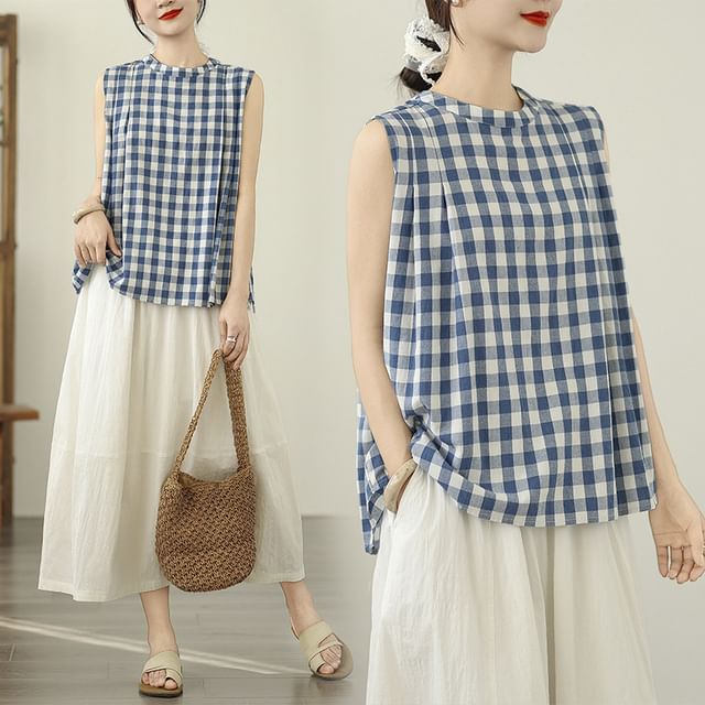Lewwe-Sleeveless Gingham Blouse