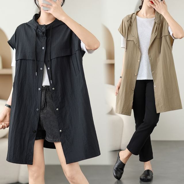 Lewwe-Sleeveless Hooded Plain Button Up Vest