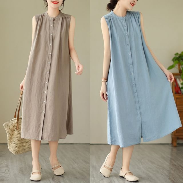 Lewwe-Sleeveless Plain Button-Up Midi A-Line Dress