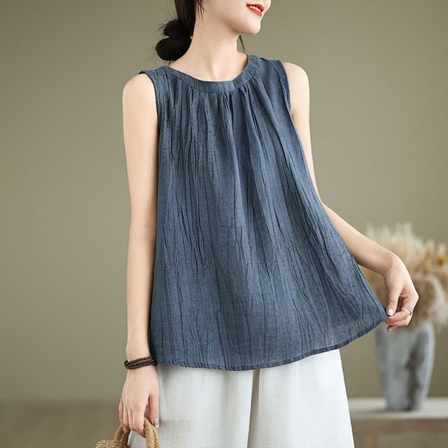Lewwe-Sleeveless Plain Ruched Blouse