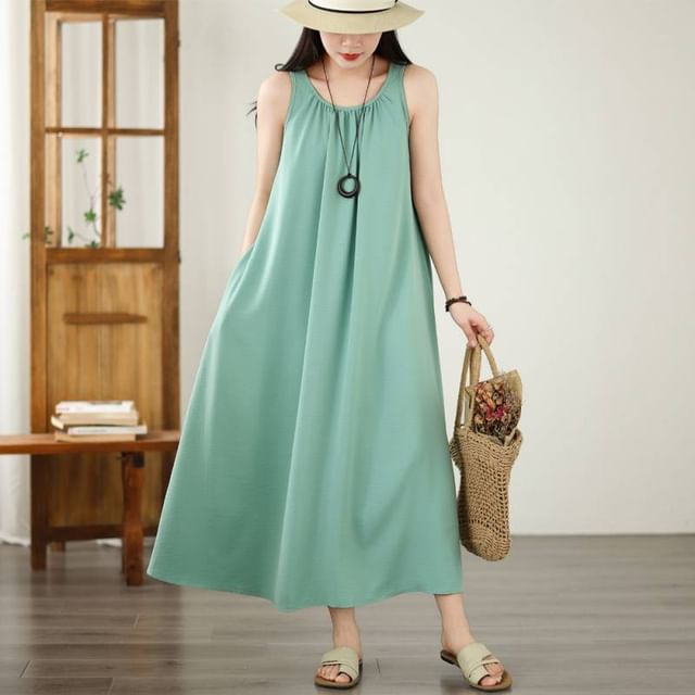 Lewwe-Sleeveless Scoop Neck Plain Maxi Sundress