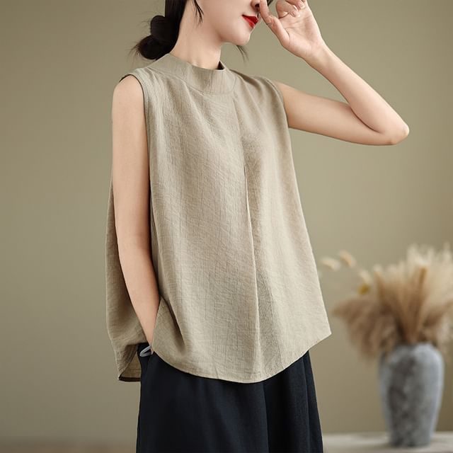 Lewwe-Sleeveless Stand Collar Plain Blouse