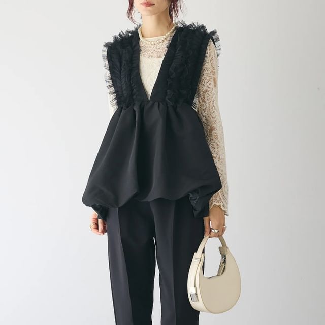 Lewwe-Sleeveless V-Neck Lace Panel Flowy Top